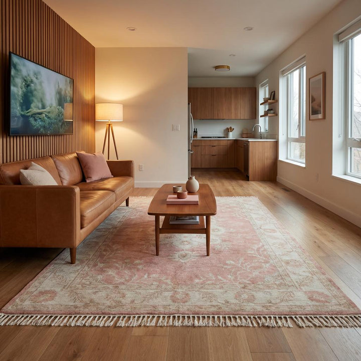 Translation missing: es.Hand Knotted Oushak Rug in blush pink with ivory floral medallion, vintage wool area rug for living room and bedroom