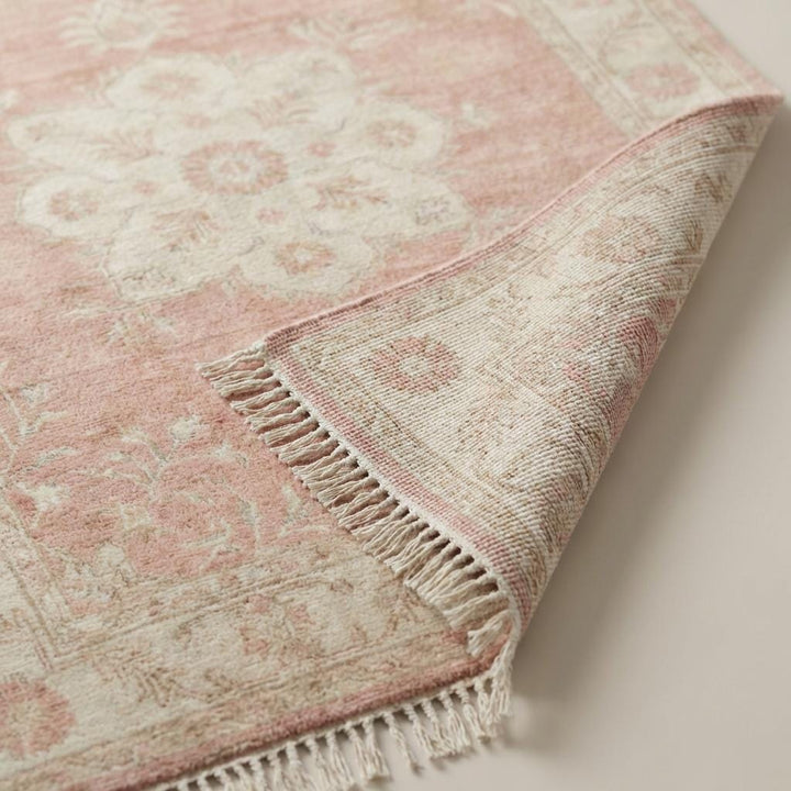 Translation missing: es.Hand Knotted Oushak Rug blush pink wool floral medallion vintage style