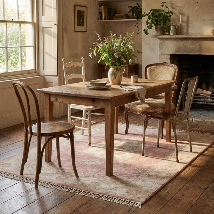 Translation missing: es.Hand Knotted Oushak Rug blush pink vintage wool with floral medallion and soft Turkish style