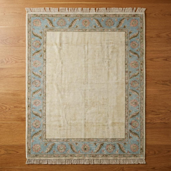 Translation missing: es.Hand Knotted Oushak Rug Ivory Blue Floral Border Area Rug Soft Neutral Living Room Rug Handmade Wool Persian Style Carpet 9x12 , 10x14