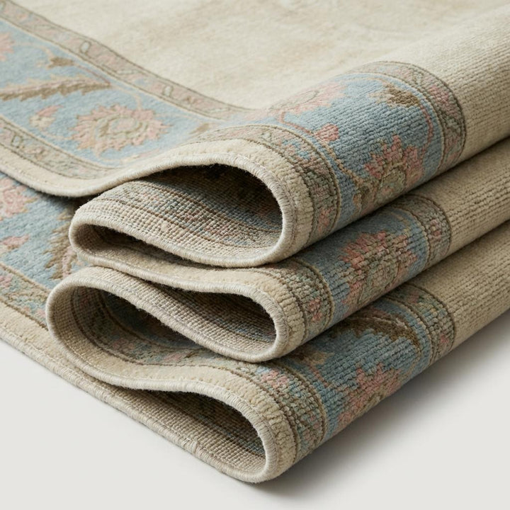 Translation missing: es.Hand Knotted Oushak Rug Ivory Blue Floral Border Area Rug Soft Neutral Living Room Rug Handmade Wool Persian Style Carpet 9x12 , 10x14