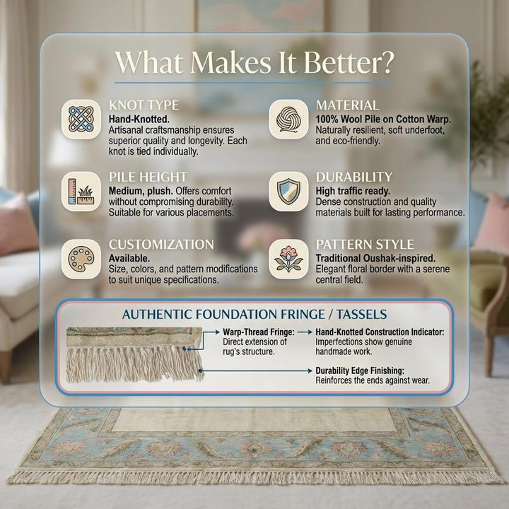 Translation missing: es.Hand Knotted Oushak Rug Ivory Blue Floral Border Area Rug Soft Neutral Living Room Rug Handmade Wool Persian Style Carpet 9x12 , 10x14