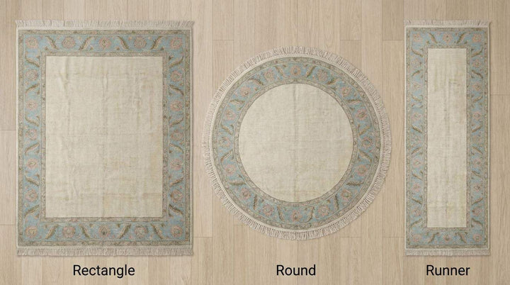 Translation missing: es.Hand Knotted Oushak Rug Ivory Blue Floral Border Area Rug Soft Neutral Living Room Rug Handmade Wool Persian Style Carpet 9x12 , 10x14