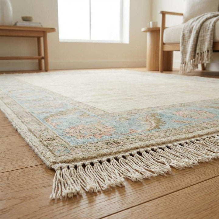 Translation missing: es.Hand Knotted Oushak Rug Ivory Blue Floral Border Area Rug Soft Neutral Living Room Rug Handmade Wool Persian Style Carpet 9x12 , 10x14