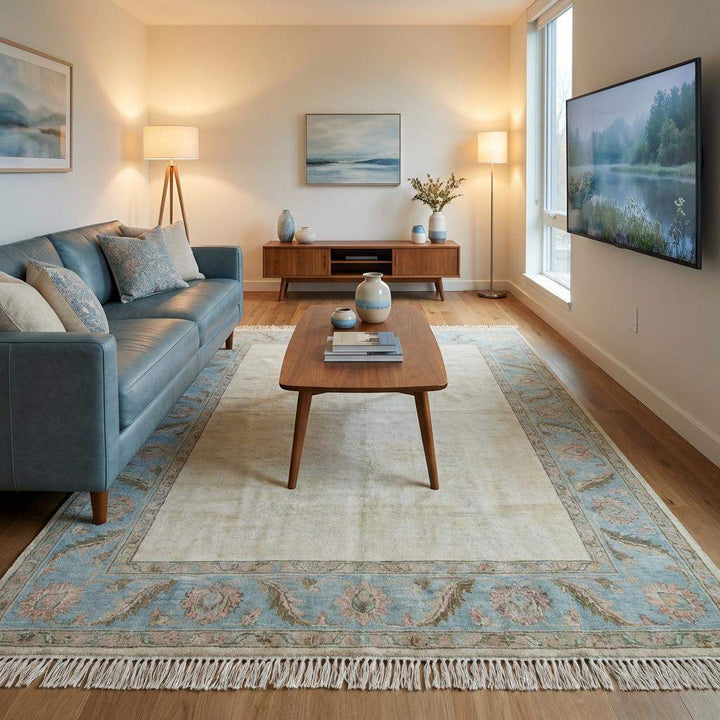 Translation missing: es.Traditional Oushak inspired floral border rug with soft pastel accents and open cream center field