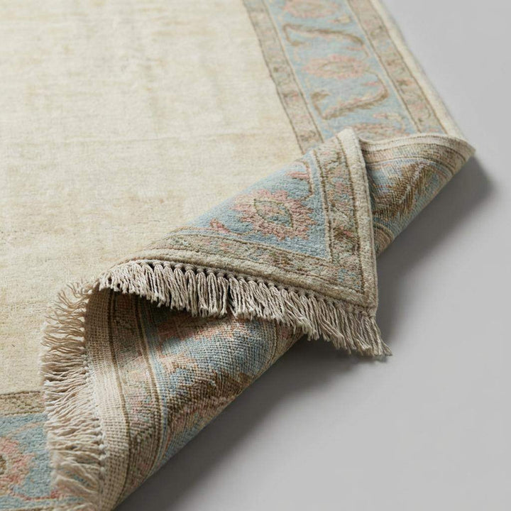 Translation missing: es.Hand Knotted Oushak Rug Ivory Blue Floral Border Area Rug Soft Neutral Living Room Rug Handmade Wool Persian Style Carpet 9x12 , 10x14