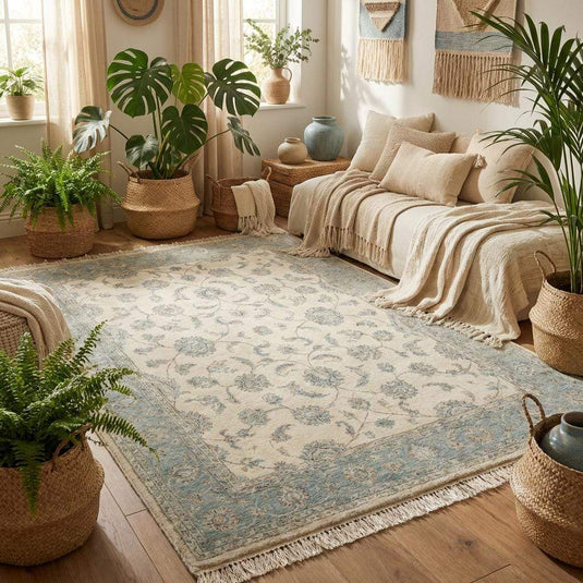 Translation missing: en.Traditional floral hand knotted rug with sage green border and ivory field design