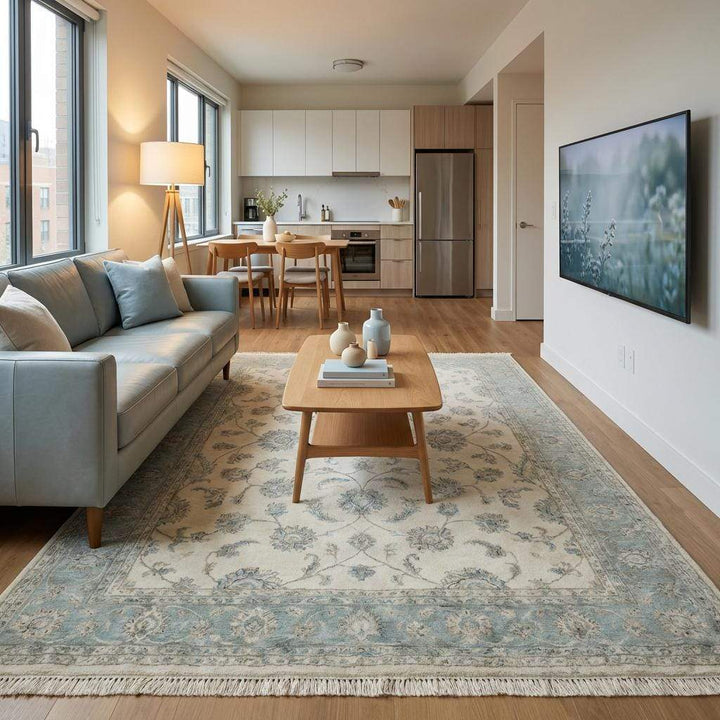 Translation missing: es.Artisan made wool area rug with cotton foundation and decorative floral border
