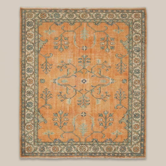Translation missing: fr.Hand Knotted Oushak Rug, Muted Apricot &amp; Sage Green Wool Area Rug, Vintage Style Turkish Rug, Distressed Boho Living Room Decor, Handmade