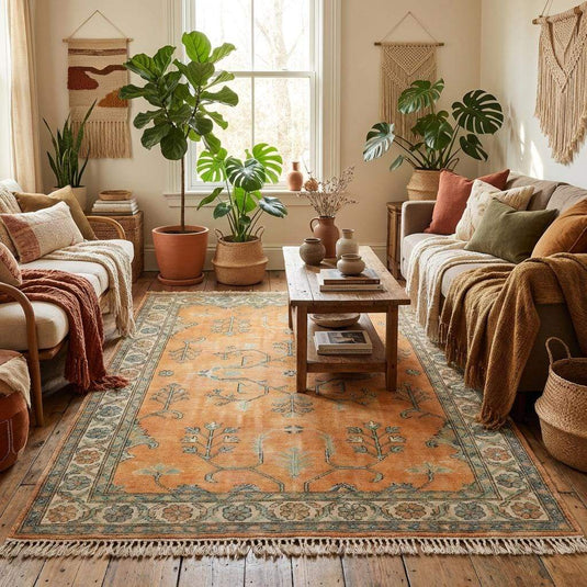 Translation missing: fr.Detail of the rug border featuring intricate floral rosettes in cream and teal against a sage green and apricot background