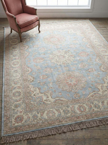 Translation missing: es.Hand Knotted Oushak Rug in muted blue and pink wool with vintage Turkish floral design