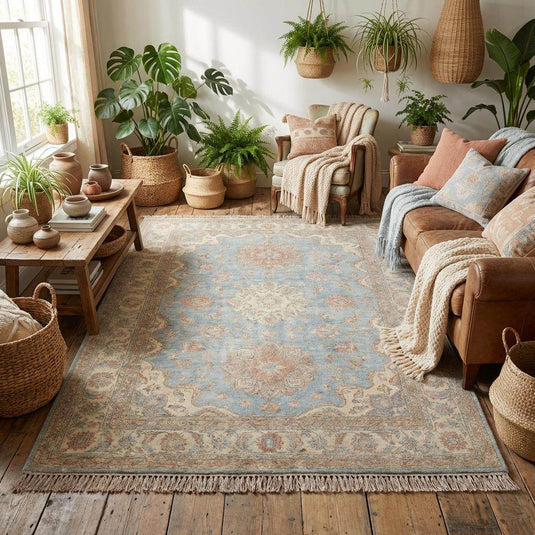 Translation missing: en.Muted blue and pink area rug styled in a bright room with a velvet chair, perfect for nursery or bedroom decor