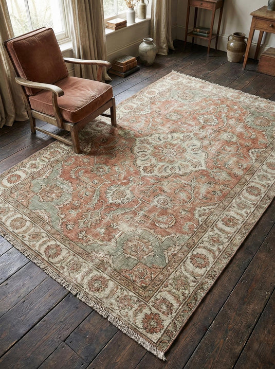 Translation missing: es.Hand knotted Oushak rug in muted rust and sage green wool, vintage Turkish design, handmade area rug for living room and bedroom decor