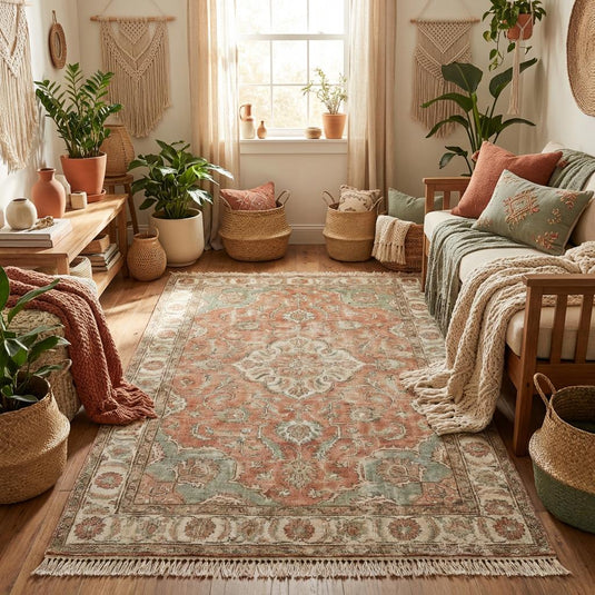 Translation missing: es.Muted vintage style rug styled in a sunlit living room with wood floors and neutral velvet armchair