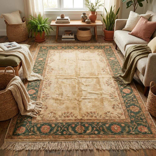 Translation missing: es.Intricate floral vine pattern in the border of a Turkish style wool rug