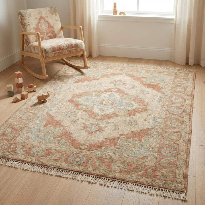 Translation missing: es.Hand Knotted Oushak Rug, Muted Terracotta Sage Wool Rug, Turkish Vintage Style Area Rug