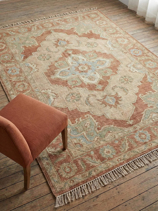 Translation missing: es.Hand Knotted Oushak Rug in muted terracotta and sage with wool pile and authentic fringe