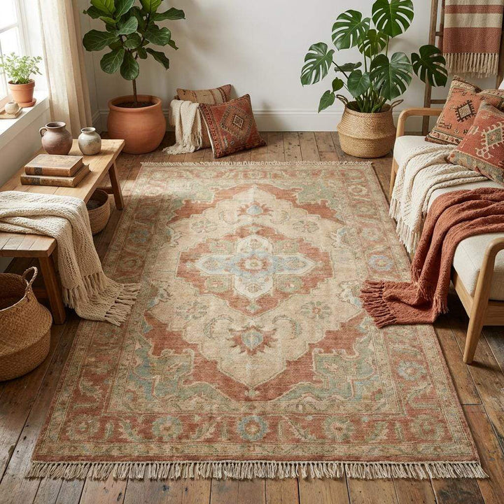Translation missing: es.Detail of floral and geometric medallion motifs in light blue and cream on a rust orange background