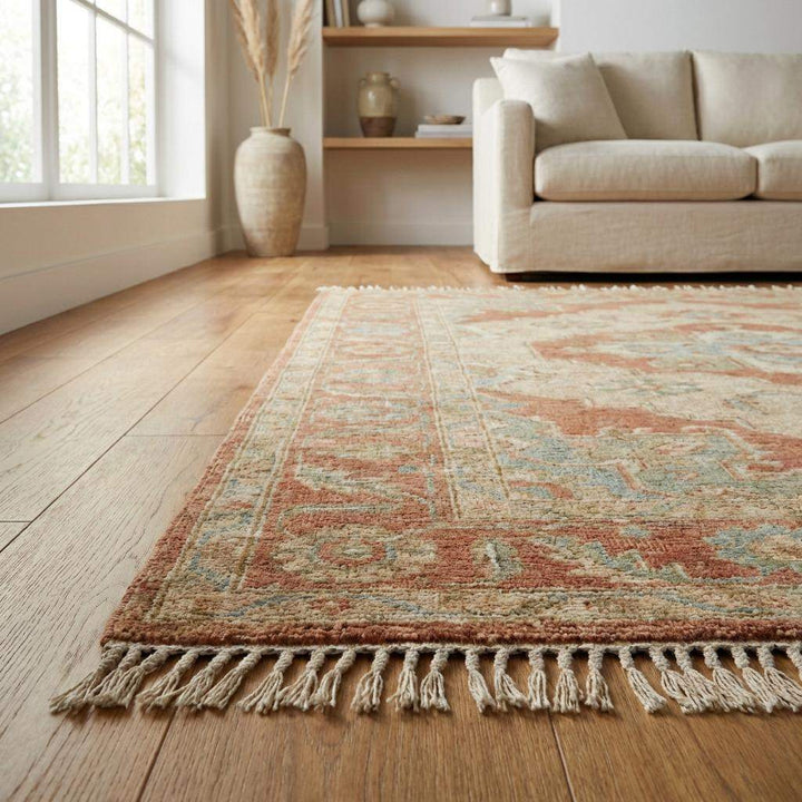 Translation missing: es.Hand Knotted Oushak Rug, Muted Terracotta Sage Wool Rug, Turkish Vintage Style Area Rug