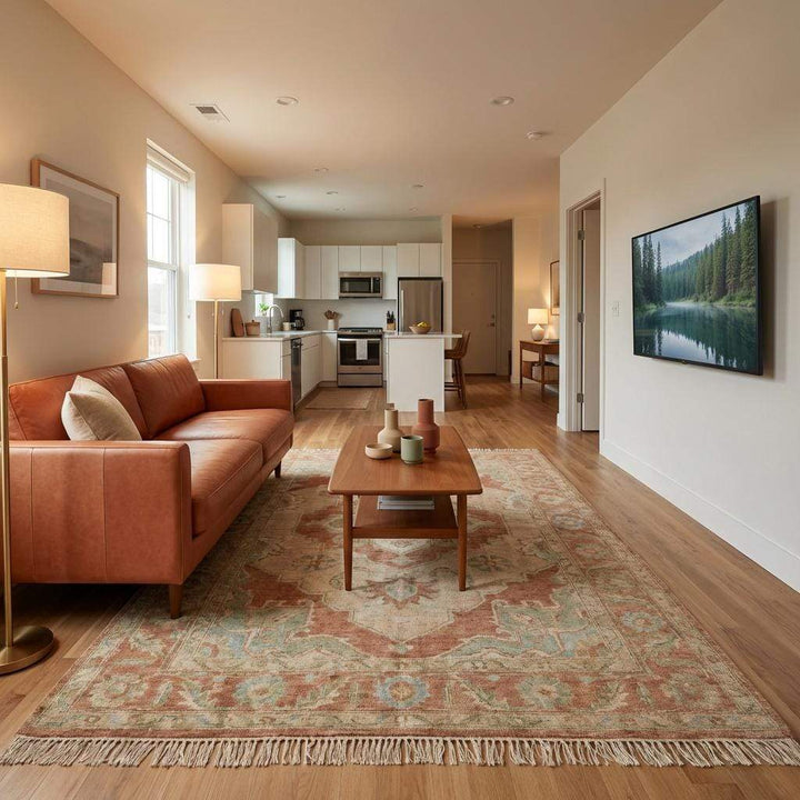 Translation missing: es.Hand Knotted Oushak Rug, Muted Terracotta Sage Wool Rug, Turkish Vintage Style Area Rug