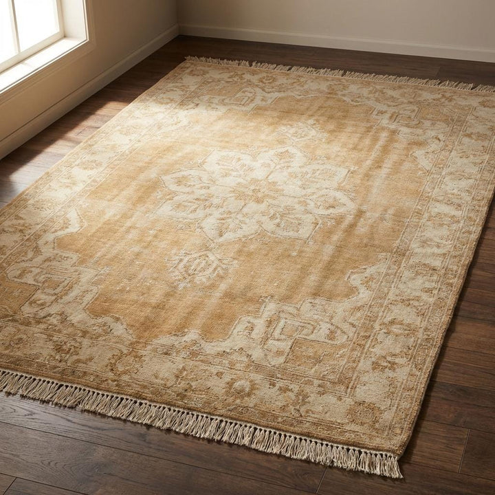 Translation missing: es.Hand Knotted Oushak Rug Neutral Beige Vintage Medallion Wool Area Carpet