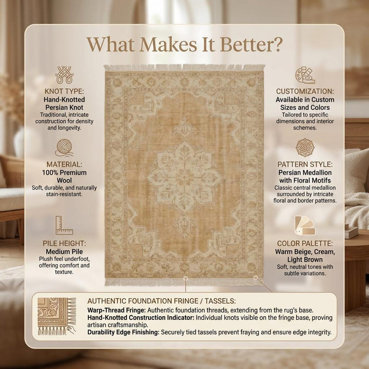 Translation missing: es.Hand Knotted Oushak Rug Neutral Beige Vintage Medallion Wool Area Carpet