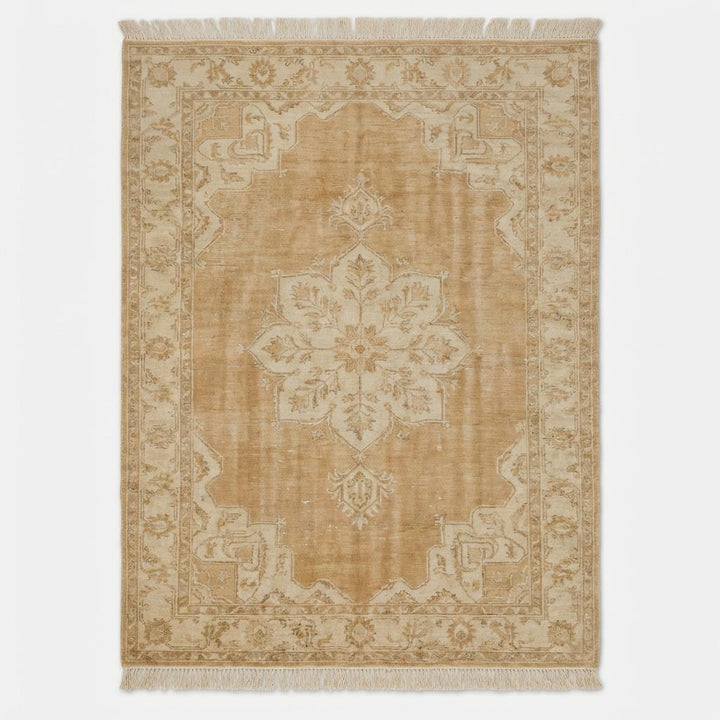 Translation missing: es.Neutral vintage wool area rug with floral border and central medallion styled beside a modern accent chair