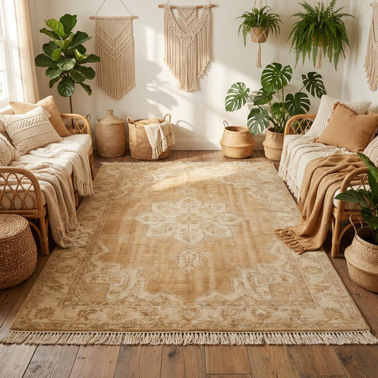 Translation missing: es.Soft beige handmade Oushak carpet adding warm minimalist elegance to Scandinavian-style interior space