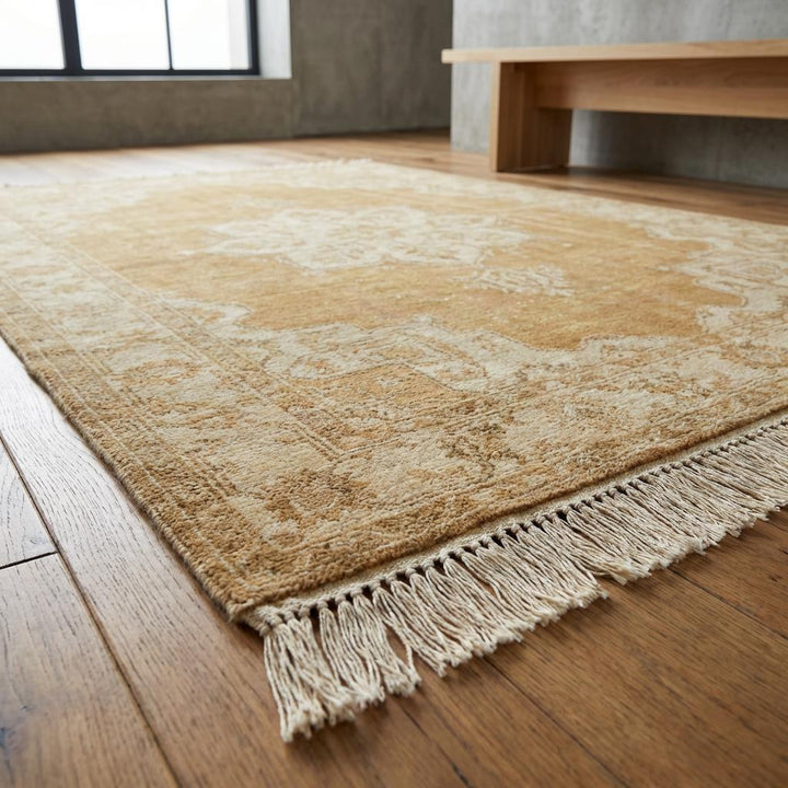 Translation missing: es.Hand Knotted Oushak Rug Neutral Beige Vintage Medallion Wool Area Carpet