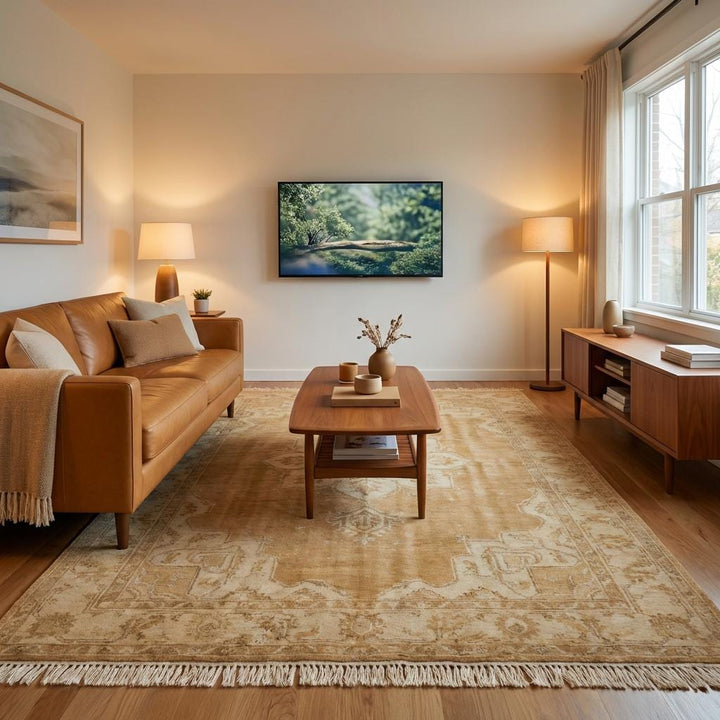Translation missing: es.Traditional hand-knotted medallion rug in muted sand and cream tones suitable for living room or bedroom décor