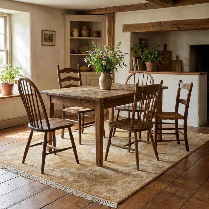 Translation missing: es.Hand Knotted Oushak Rug Neutral Beige Vintage Medallion Wool Area Carpet