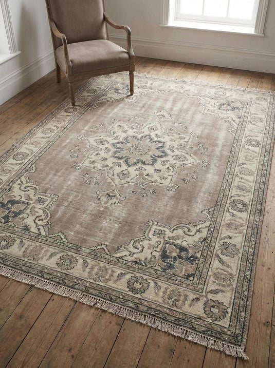 Translation missing: en.Hand knotted Oushak rug in neutral beige and taupe wool with vintage Persian design