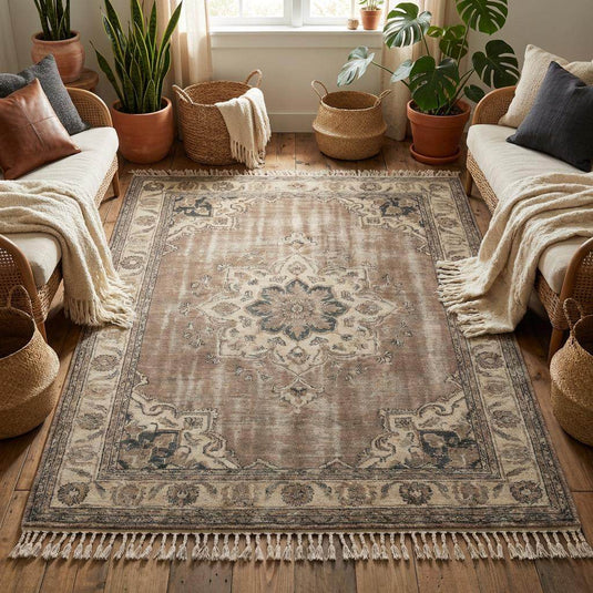 Translation missing: en.ntricate floral border pattern on a beige hand knotted wool carpet
