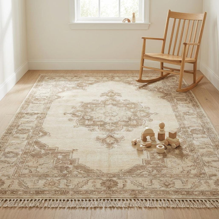 Translation missing: en.Hand Knotted Oushak Rug Neutral Wool Area Rug Vintage Persian Style Living Room Carpet Handmade Beige Medallion Rug