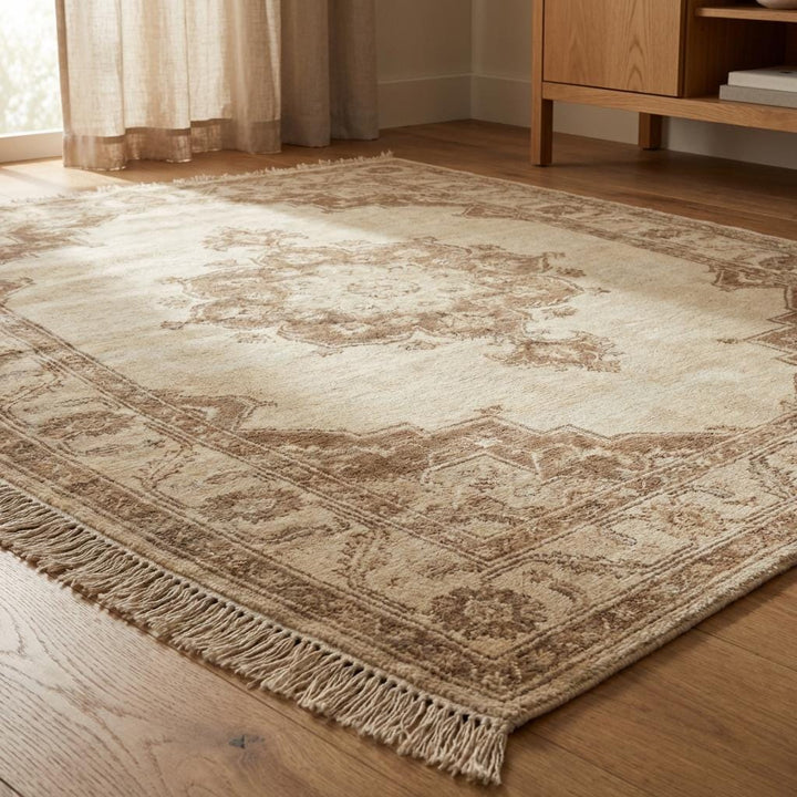 Translation missing: en.Hand Knotted Oushak Rug Neutral Wool Area Rug Vintage Persian Style Living Room Carpet Handmade Beige Medallion Rug
