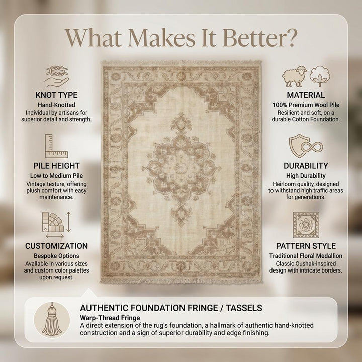 Translation missing: en.Hand Knotted Oushak Rug Neutral Wool Area Rug Vintage Persian Style Living Room Carpet Handmade Beige Medallion Rug