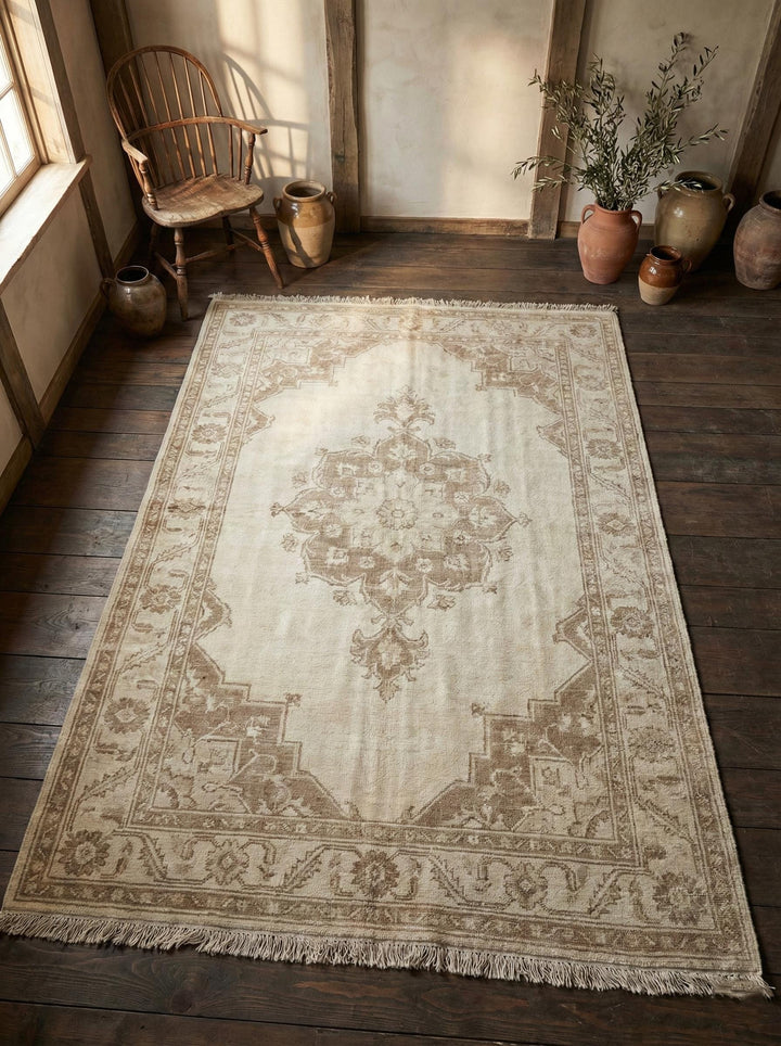 Translation missing: en.Hand knotted Oushak rug in neutral beige with vintage Persian medallion design, handmade wool area rug for living room