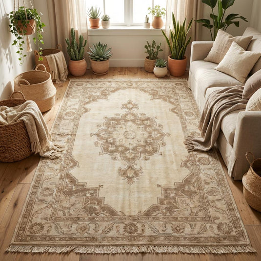 Translation missing: fr.Vintage style Oushak rug in calming ivory tones designed for living room, bedroom, or elegant neutral interior décor