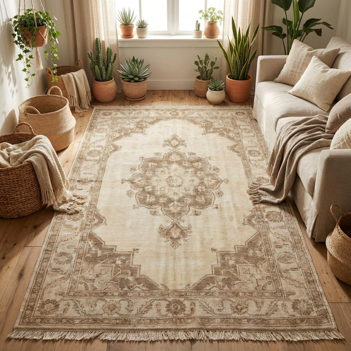Translation missing: en.Vintage style Oushak rug in calming ivory tones designed for living room, bedroom, or elegant neutral interior décor