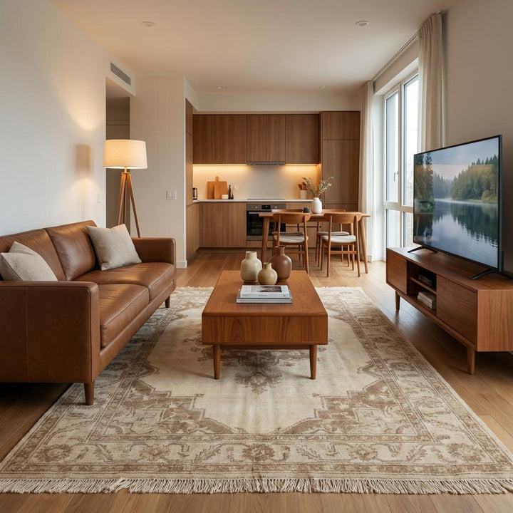Translation missing: en.Soft neutral Persian-inspired area rug adding warmth and timeless character to minimalist home styling