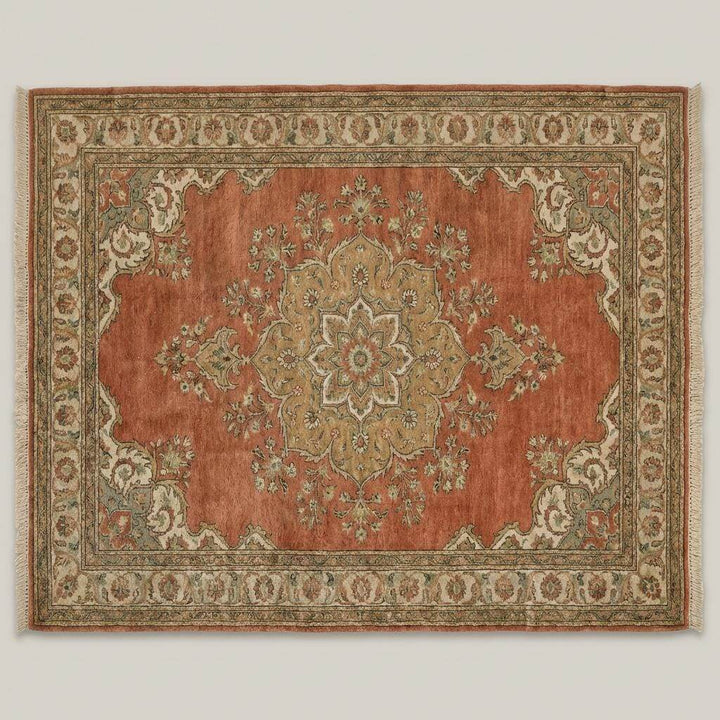Translation missing: es.Traditional Oushak style hand knotted rug with warm terracotta and sage green tones