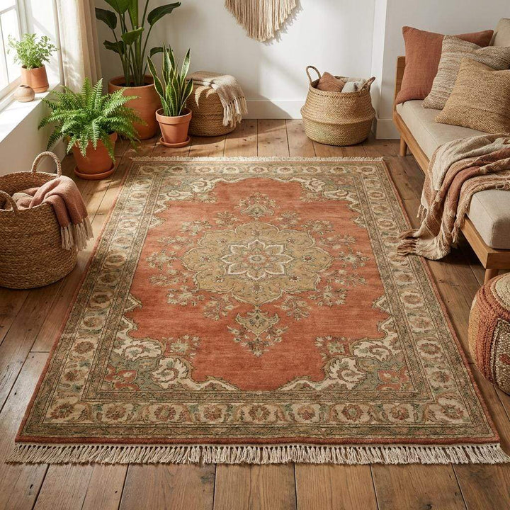 Translation missing: es.Wool hand knotted area rug featuring central medallion and classic Persian inspired pattern