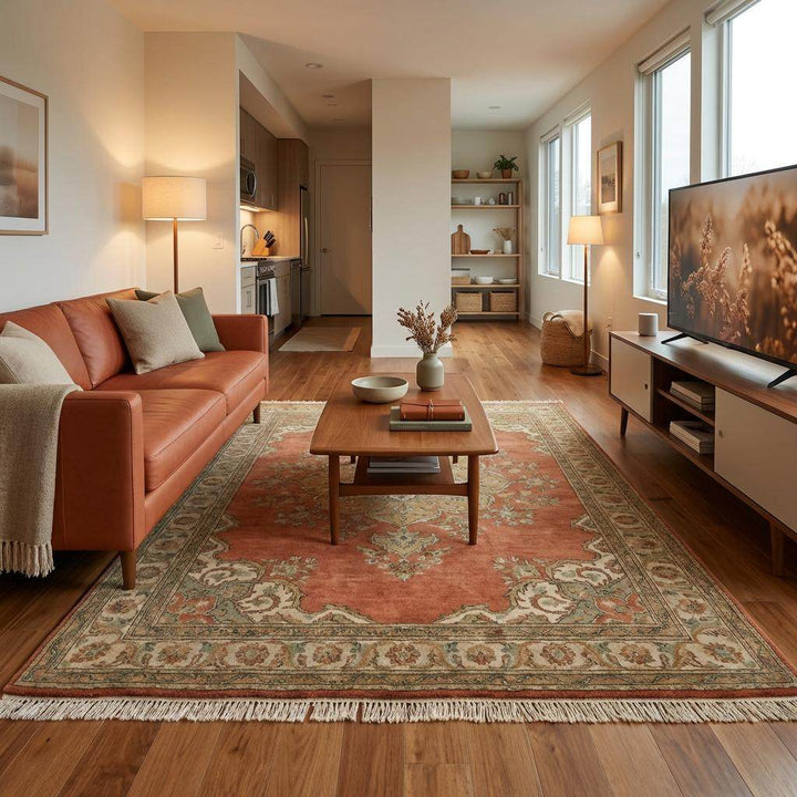 Translation missing: es.Artisan made hand knotted wool rug styled in a rustic European interior