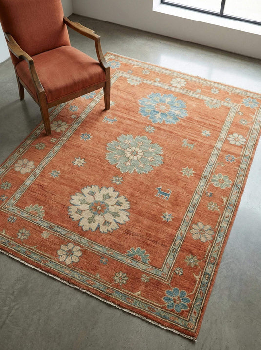 Translation missing: es.Hand knotted Oushak rug with terracotta rust and blue wool, vintage Turkish carpet for living room and bedroom decor