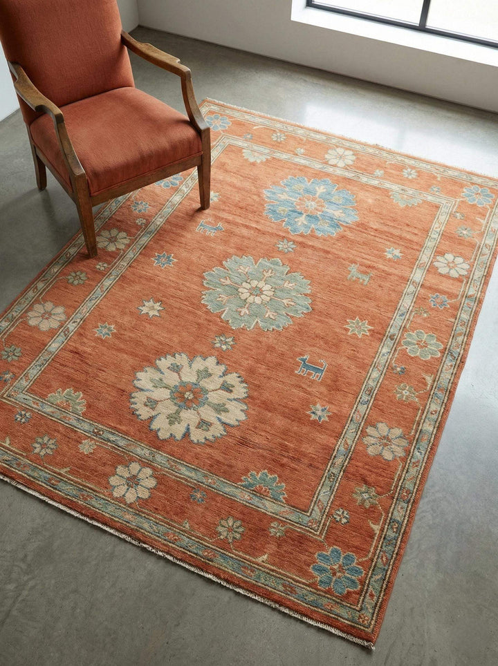 Translation missing: es.Hand knotted Oushak rug with terracotta rust and blue wool, vintage Turkish carpet for living room and bedroom decor