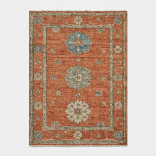 Translation missing: es.Hand Knotted Oushak Rug, Terracotta Rust &amp; Blue Wool Area Rug, Modern Turkish Carpet for Living Room, Vintage Style Muted Bedroom Decor