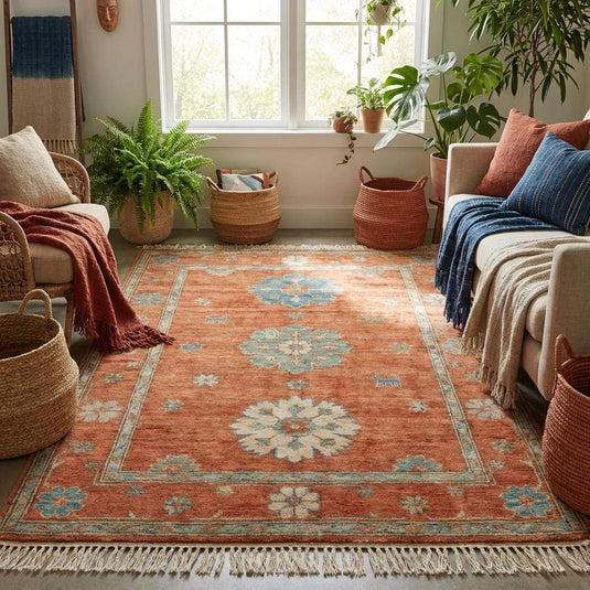 Translation missing: es.Low angle shot of Turkish wool rug showing finished edges and natural fringe details on a concrete floor