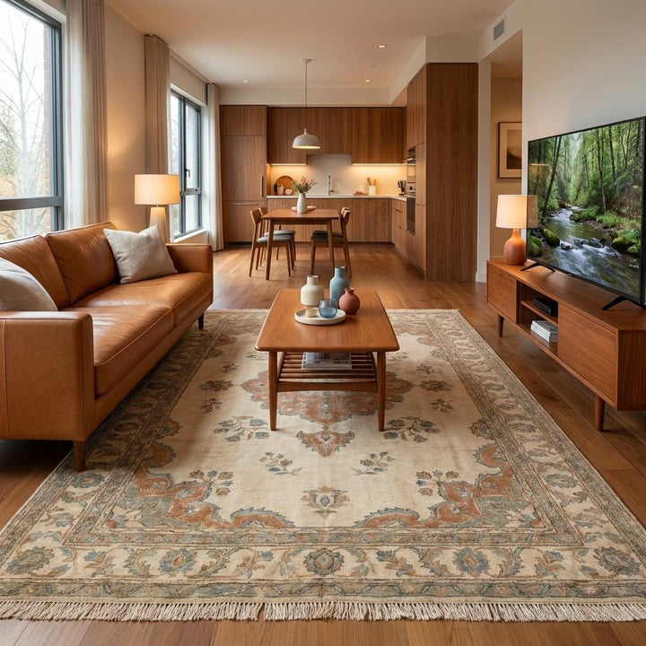 Translation missing: en.Traditional Oushak inspired area rug adding warmth and texture to a refined home space __etsy:8030592551