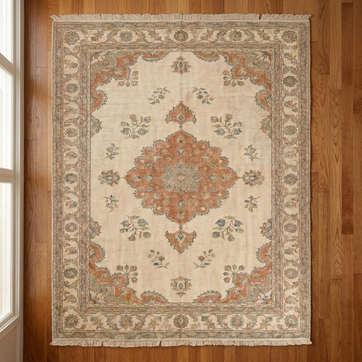 Translation missing: en.Hand Knotted Oushak Rug Vintage Style – Neutral Floral Medallion Wool Rug for Living Room __etsy:8030592555