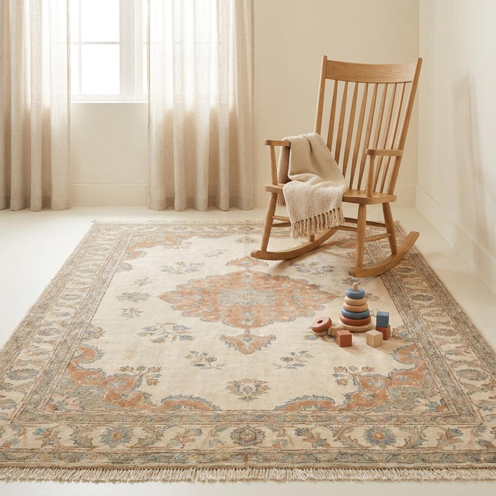 Translation missing: en.Hand Knotted Oushak Rug Vintage Style – Neutral Floral Medallion Wool Rug for Living Room __etsy:7982646802